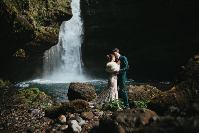 wedding photoshoot at the waterfall in iceland