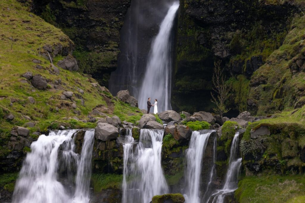 wedding photoshoot at the waterfall in iceland